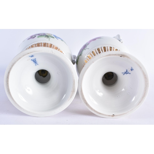 96 - A LARGE PAIR OF EARLY 20TH CENTURY GERMAN TWIN HANDLED MEISSEN PORCELAIN VASES painted with floral s... 