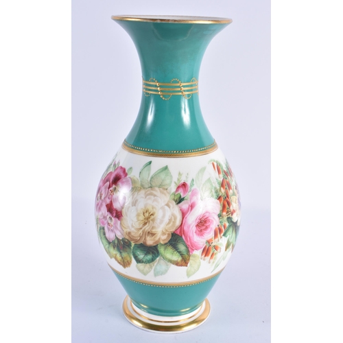 108 - A FINE MID 19TH CENTURY ENGLISH PORCELAIN BALUSTER VASE beautifully painted with a banding of foliag... 