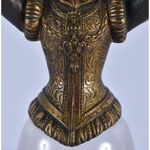 110 - AN UNUSUAL 19TH CENTURY GERMAN ENAMELLED JUNGFRAENBECHER ARMORIAL GOBLET with figural bronze mounts.... 