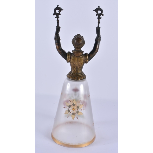 110 - AN UNUSUAL 19TH CENTURY GERMAN ENAMELLED JUNGFRAENBECHER ARMORIAL GOBLET with figural bronze mounts.... 