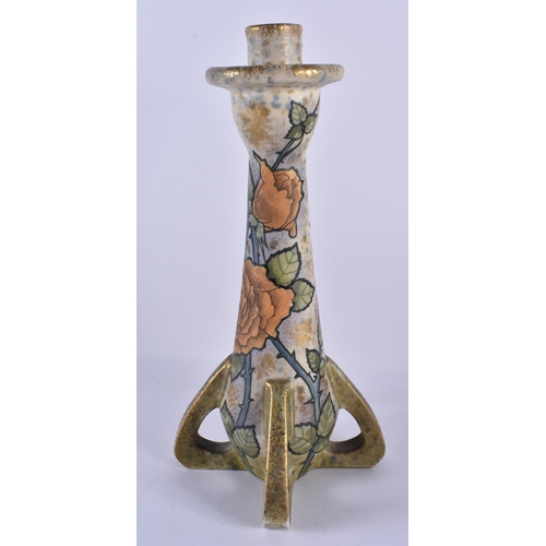 115 - A LARGE STYLISH ART DECO AUSTRIAN AMPHORA CERAMIC CANDLESTICKS painted with floral sprays upon splay... 