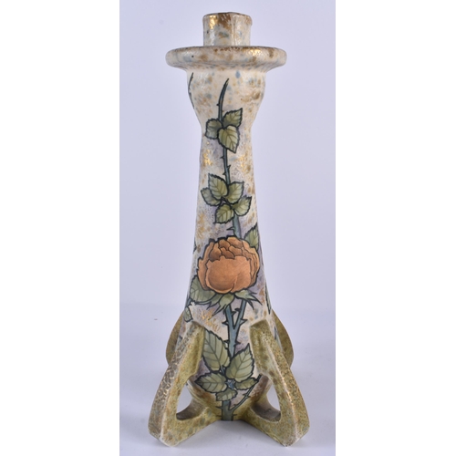 115 - A LARGE STYLISH ART DECO AUSTRIAN AMPHORA CERAMIC CANDLESTICKS painted with floral sprays upon splay... 