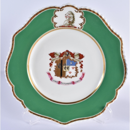 14 - A PAIR OF EARLY 19TH CENTURY CHAMBERLAINS WORCESTER ARMORIAL DESSERT PLATES painted with an apple gr... 
