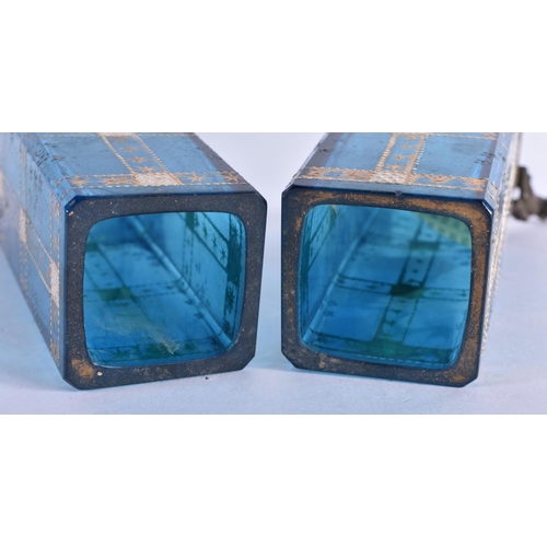 149 - A PAIR OF FRENCH AESTHETIC MOVEMENT BLUE GLASS AND BRONZE VASES enamelled with motifs. 18.5 cm high.