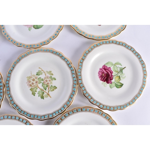 150 - A SET OF TEN 19TH CENTURY CONTINENTAL PORCELAIN BOTANICAL PLATES painted with flowers. 22cm wide. (1... 