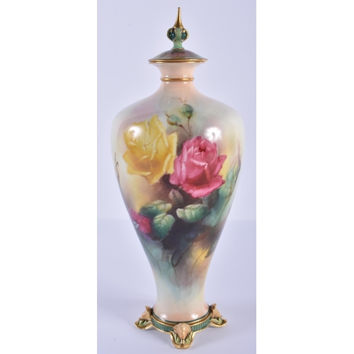 152 - Royal Worcester vase with four shell moulded feet painted with Hadley roses by C.W. White, signed,... 