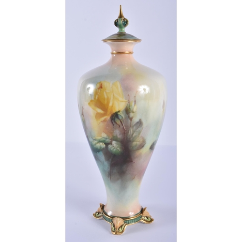 152 - Royal Worcester vase with four shell moulded feet painted with Hadley roses by C.W. White, signed,... 