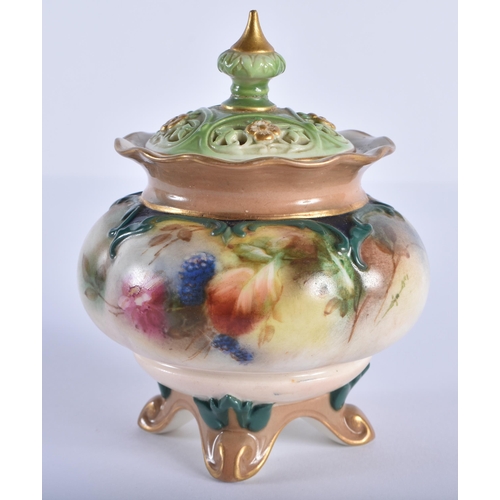 157 - Hadley four footed vase and cover painted with atmospheric roses c. 1900. Vase 10cm high