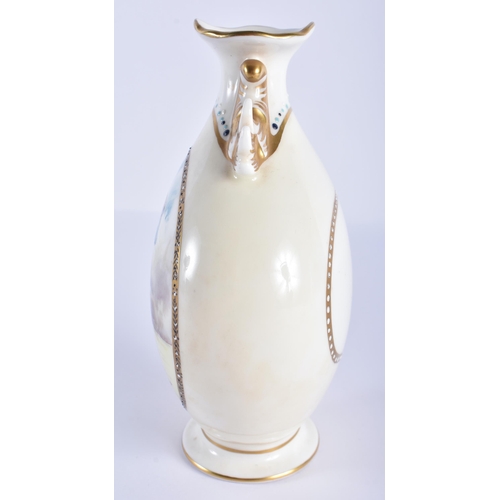 163 - Mid 20th century Minton moon flask with winged handles painted with a golfer in gilded panel by W. R... 