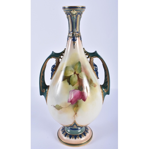 166 - Royal Worcester Hadley style two handled vase painted with roses, date 1908, shape 229 H. Vase 27cm ... 