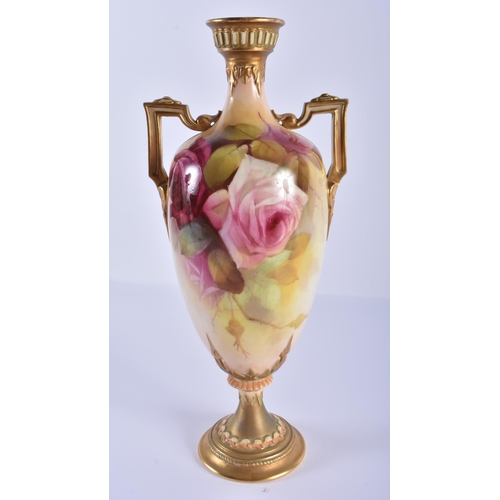 167 - Royal Worcester Hadley style two handled vase and cover painted with roses by R. Austin, date 1912, ... 