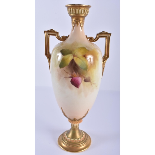 167 - Royal Worcester Hadley style two handled vase and cover painted with roses by R. Austin, date 1912, ... 