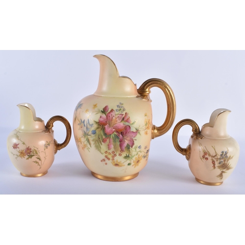 168 - Royal Worcester large flat jug painted and gilded with flowers, date 1906 and a small pair of left a... 