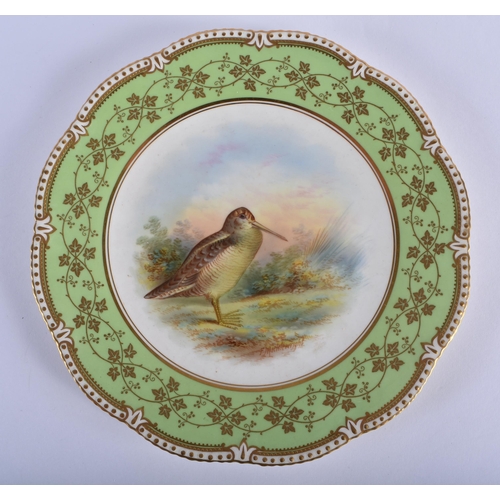 171 - Late 19th century Aynsley pair of plates painted with named birds, Plover and Woodcock, under a ligh... 