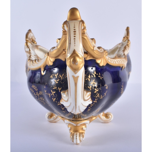 174 - Late 19th century Coalport boat shaped two handled vase and cover painted with bird on a cobalt blue... 