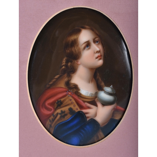 175 - 3rd quarter 19th century German porcelain plaque painted with a young lady in period costume holding... 