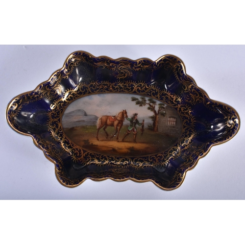 177 - 19th century German good lobed tray painted with a man, horse and hare on a gilt cobalt blue ground,... 