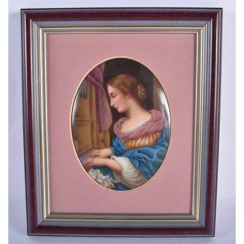 178 - 3rd quarter 19th century German porcelain plaque painted with a young lady in period costume playing... 