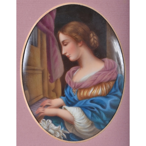 178 - 3rd quarter 19th century German porcelain plaque painted with a young lady in period costume playing... 