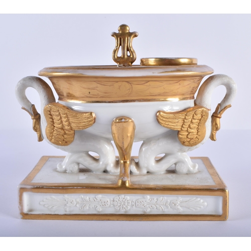 179 - Early 19th century French inkwell decorated with two swans. Inkwell 15 cm x 19cm