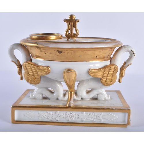 179 - Early 19th century French inkwell decorated with two swans. Inkwell 15 cm x 19cm