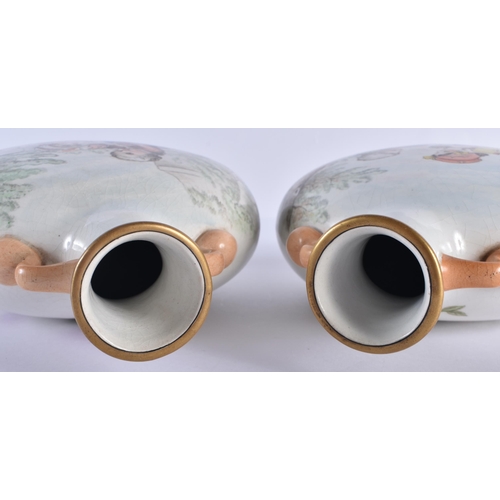 180 - Minton Kensington Art Studio London fine pair of moonflasks, one side depicting Dickensian children ... 