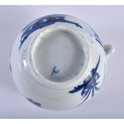 184 - Mid-18th century bell shaped coffee cup painted in blue with a fence, holed rock and bird, workmans... 