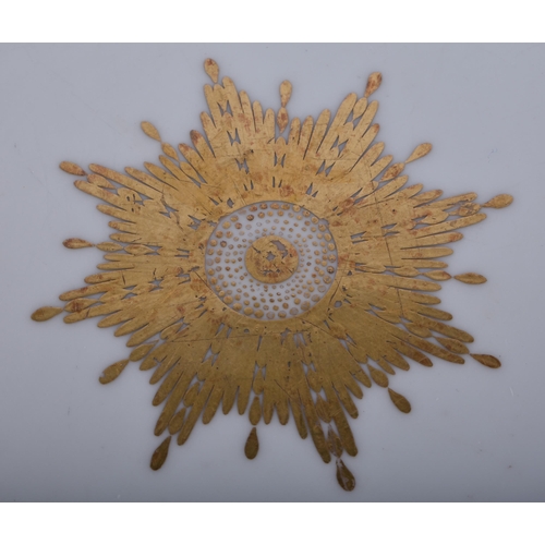 185 - Late 18th century Derby junket dish decorated in gold with elaborate designs, puce mark. Dish 27cm d... 