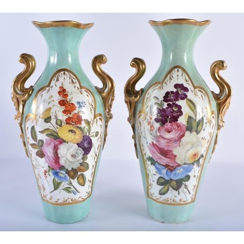 187 - Mid 19th century pair of two handled celadon ground vases lavishly painted with flowers, the interio... 