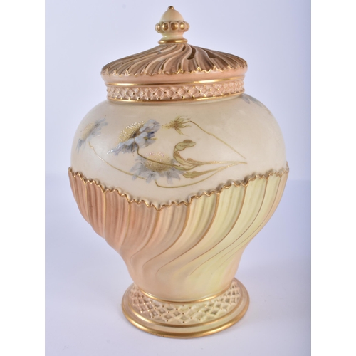 188 - Royal Worcester blush ivory pot pourri vase and two covers enamelled with white flowers, date 1894, ... 