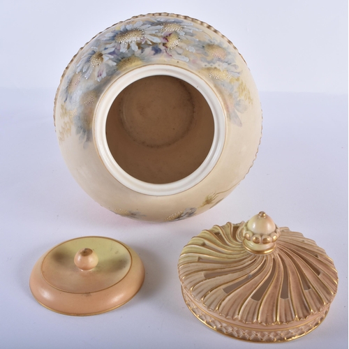 188 - Royal Worcester blush ivory pot pourri vase and two covers enamelled with white flowers, date 1894, ... 