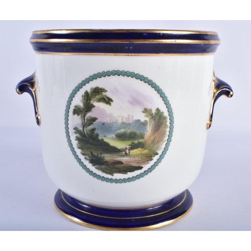 189 - Royal Worcester fine two handled ice pail painted with two Scottish landscapes in acanthus cartouche... 