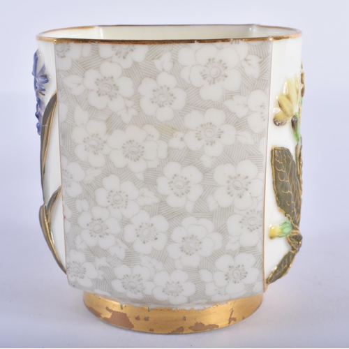 192 - Royal Worcester quadrilobed coffee cup and saucer moulded with prunus and other flowers painted in J... 