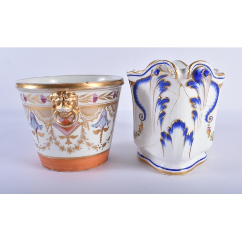 195 - English porcelain cache pot with lion mask handles with gilded and painted decoration and a Coalport... 