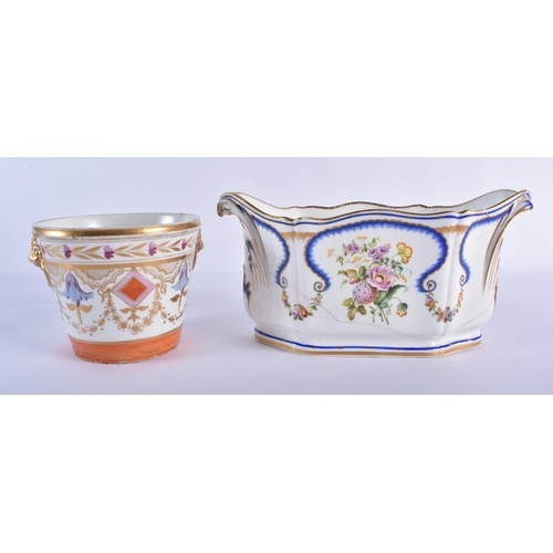 195 - English porcelain cache pot with lion mask handles with gilded and painted decoration and a Coalport... 