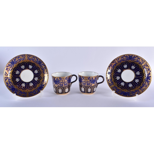 197 - Late 19th century Coalport pair coffee cups, saucers and side plates decorated with elaborate gildin... 