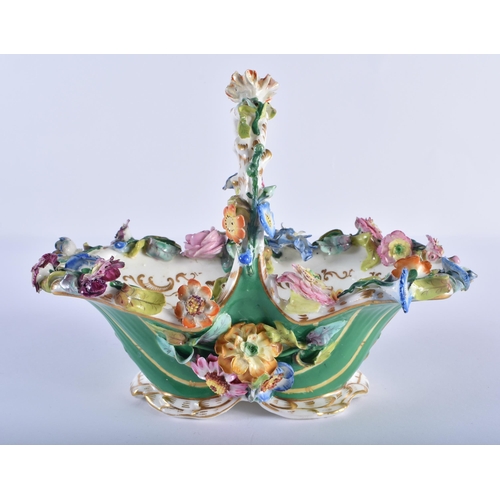 205 - Mid 19th century Coalport floral encrusted basket with green ground. Basket 15 cm high x 20cm wide