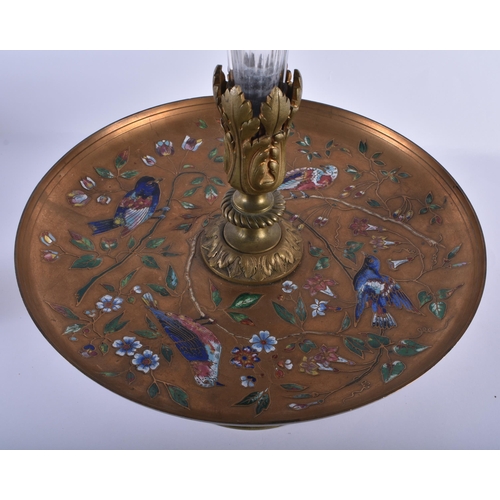 210 - A LARGE ANTIQUE AESTHETIC MOVEMENT ENAMELLED BRONZE COMPORT painted with birds amongst foliage. 50cm... 