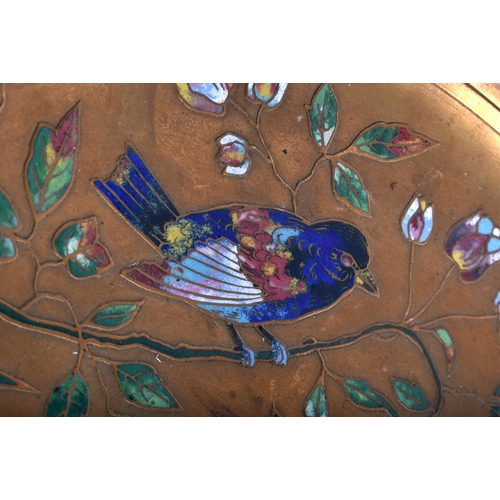 210 - A LARGE ANTIQUE AESTHETIC MOVEMENT ENAMELLED BRONZE COMPORT painted with birds amongst foliage. 50cm... 