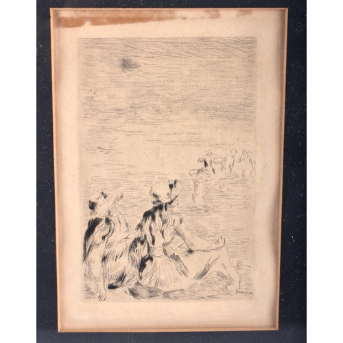 214 - AN ANTIQUE FRAMED RENOIR ENGRAVING. Image 15 cm x 9.5 cm.