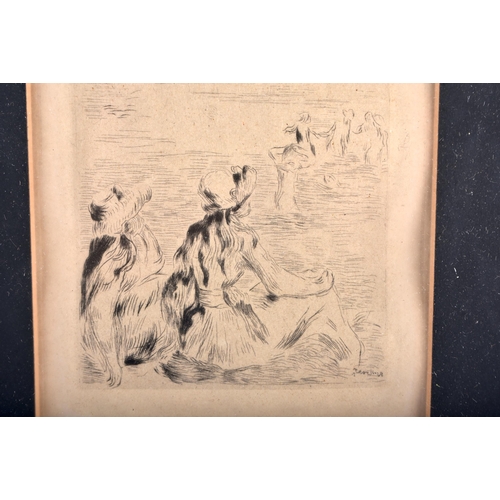 214 - AN ANTIQUE FRAMED RENOIR ENGRAVING. Image 15 cm x 9.5 cm.