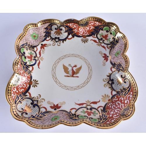 22 - A LATE 18TH/19TH CENTURY BARR FLIGHT AND BARR ARMORIAL SQUARE FORM DISH painted with a double eagle.... 