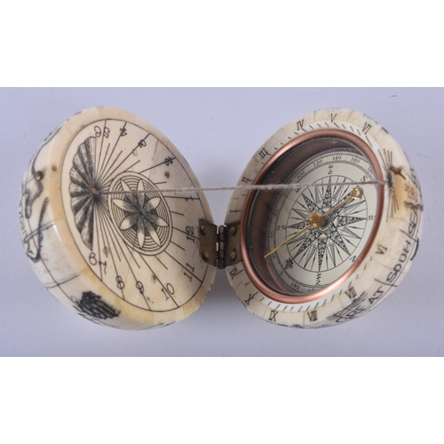 222 - A CONTINENTAL CARVED BONE SCRIMSHAW COMPASS. 7.25cm diameter.