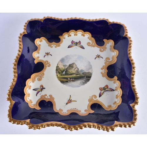 23 - AN EARLY 19TH CENTURY CHAMBERLAINS WORCESTER SQUARE FORM LANDSCAPE DISH painted with a view of Derwe... 