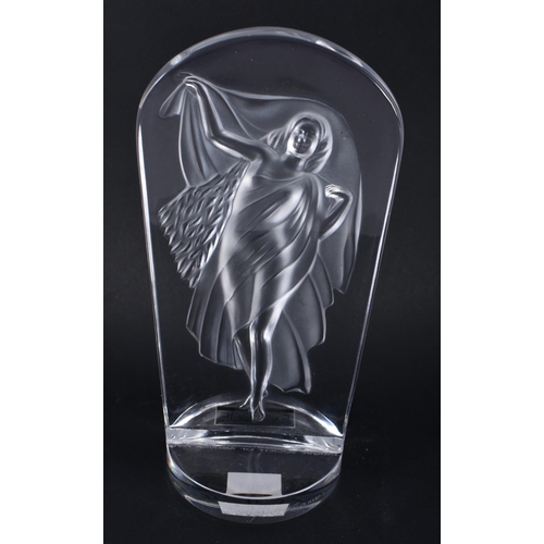 242 - A FRENCH LALIQUE DANCING GIRL FIGURAL PLAQUE. 14 cm x 7 cm.