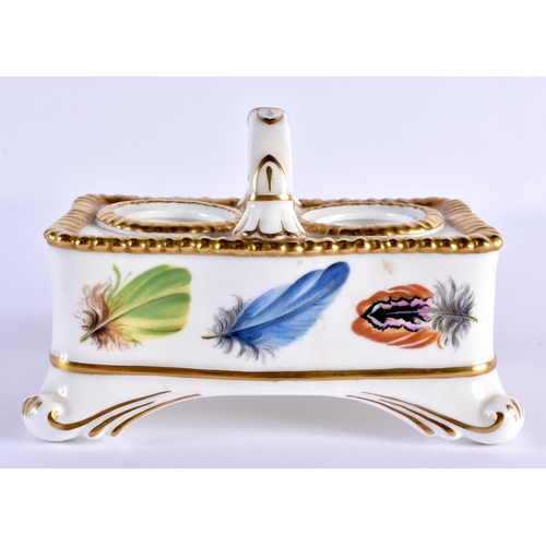 2 - A MID 19TH CENTURY WORCESTER PORCELAIN INKWELL painted with feathers. 13 cm x 8 cm.