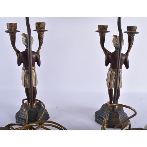 290 - A PAIR OF COLD PAINTED BLACKAMOOR COUNTRY HOUSE LAMPS. 50cm high.