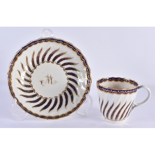30 - THREE LATE 18TH/19TH CENTURY WORCESTER CUPS AND SAUCERS all with Wyvern moulded bodies. Largest 13 c... 