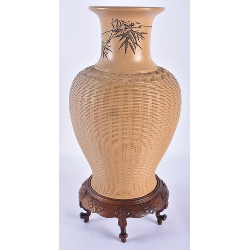 358 - A RARE LATE 19TH/20TH CENTURY CHINESE YIXING POTTERY BASKET WEAVE VASE Late Qing, incised with flowe... 