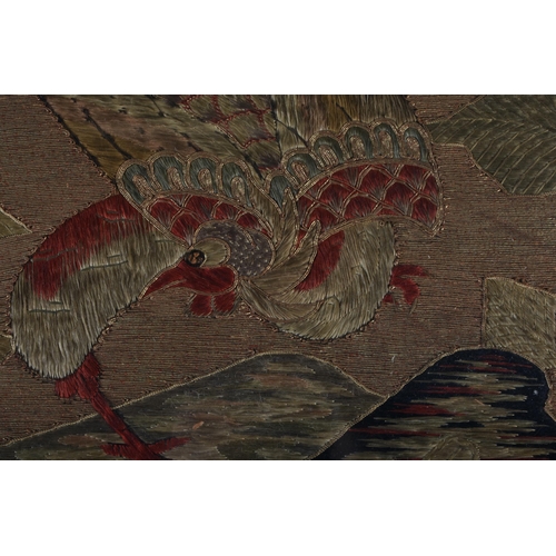 366 - A LARGE 19TH CENTURY CHINESE SILK EMBROIDERED PANEL Qing, depicting five figures under a banding of ... 